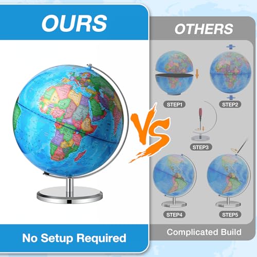 Blue 13-Inch World Globe with Metal Stand - HD Political Map for Learning & Decor