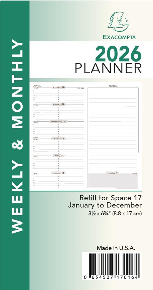 Exacompta 2026 Refill For "Space 17" Calendar Year Weekly/Monthly Planner Organizer - 12 Months (Jan. to Dec.) - 3 1/2" x 6 3/4"- Appointment Journal for Business, School, and Life