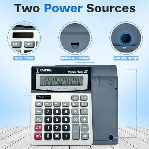 Empire Desk Calculator with Large Key Buttons, 12-Digit Large Eye-Angled Display, Solar & Battery Powered - Basic Calculator for Students, Home and Office Use (Battery Included)