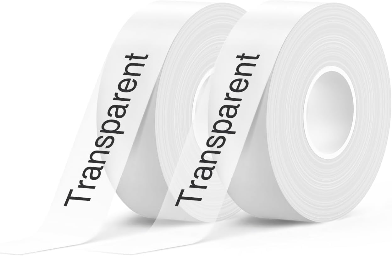 SUPVAN Label Maker Tape - Transparent 2 Rolls 0.59in x 19.7ft | Waterproof & Oilproof Thermal Labels