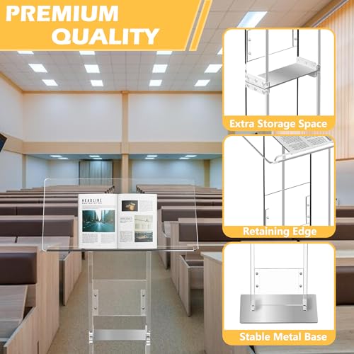 Koretech Clear Acrylic Podium Stand 43.5" with Adjustable Reading Surface, Heavy Base – Lectern for Church, Classroom, Weddings (Variation: Clear)