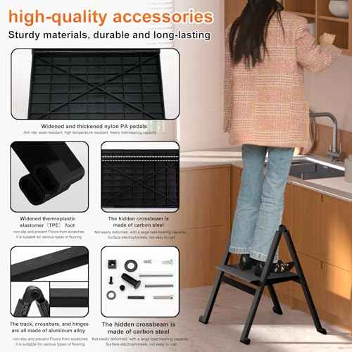 Folding Step Stool,Aluminum Ultra Thin Stool,400 Lbs Capacity Heavy Duty with Anti-Slip Sturdy and Wide Pedal,Closet Step Ladder for Home,Kitchen,Office and Dorm Bed (Black)