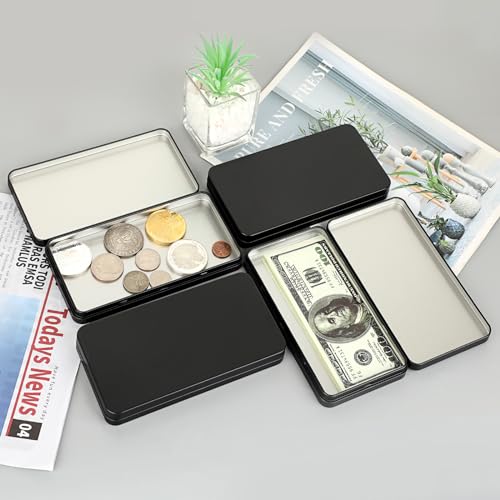 Hipiwe 4-Pack Metal Rectangular Cash Box with Lid - Small Black Currency Money Holder