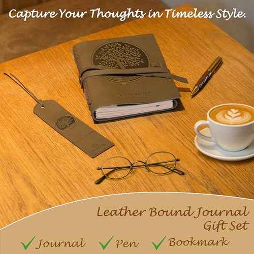 Leather Bound Journal for Men and Women, Handmade Gift Set with Tree of Life Embossed Journal and Stylish Pen, Vintage and Classic, Notebook, Sketchbook, Planner and Diary (300 Pages) (8x6")