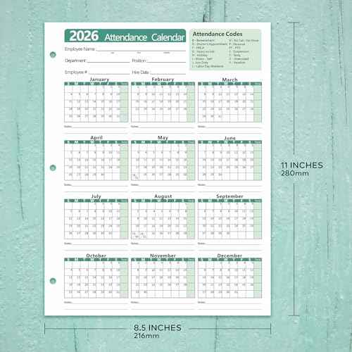 2026 Attendance Calendar Employee Work Record Tracker Attendance Calendar Cards - Each sheet 8.5 X 11 100lb CardStock paper Make (25 sheets -Green)