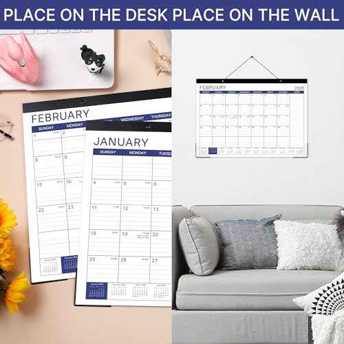 2026 Desk Calendar - Desk Calendar 2026, Jan 2026 - Dec 2026, 17" x 12", 12 Monthly Desk/Wall Calendar, Thick Paper with Corner Protectors, Large Ruled Blocks - Blue