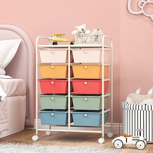 GOFLAME 10-Drawer Rolling Storage Cart, Macaron Color - 26 x 14.5 x 34 in, Locking Wheels