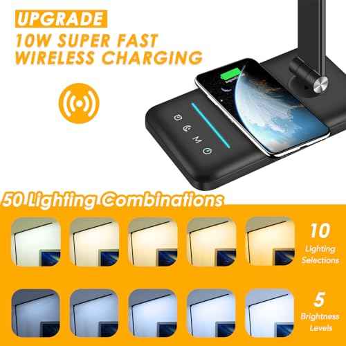 LED Desk Lamp with Wireless Charger, USB Charging Port, Night Light, 5 Color Modes, 10 Brightness, Eye Caring Reading Table Lamp for Home Office, Touch Control, Auto-Timer, Adapter Included