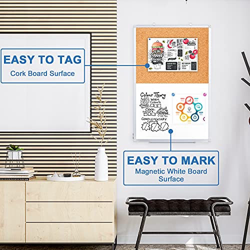 White / 36x24 Inch Magnetic Whiteboard and Cork Board Combo with Aluminum Frame