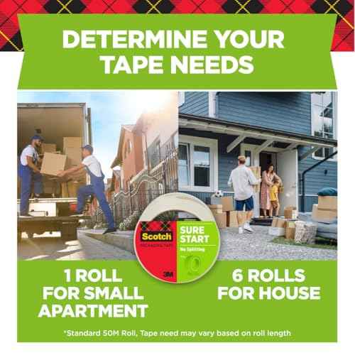 Scotch Sure Start Shipping Packaging Tape, 1.88" x 54.6 yd, Designed for Packing, Shipping and Mailing, Quiet Unwind, No Splitting or Tearing, 3" Core, Clear, 1 Roll (345)