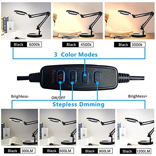 KIRKAS 10X Magnifying Glass with Light and Stand, 2-in-1 Stepless Dimmable LED Desk Lamp with Clamp, 3 Color Modes Lighted Magnifier Swivel Arm Light for Reading, Craft, Close Works - Black
