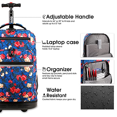 J World Sundance Laptop Rolling Backpack for Girls Boys. Roller Bookbag with Wheels, Vintage Rose