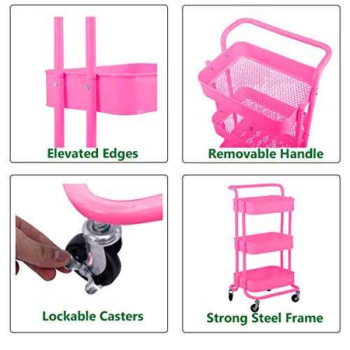 3-Tier Metal Mesh Rolling Cart Storage Organizer with Utility Handle and Wheels, Pink