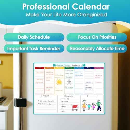 MaxGear Weekly Dry Erase Board for Fridge, Magnetic Calendar Whiteboard Planner for Refrigerator with Stain Resistant Technology, Include 7 Fine Point Markers and 1 Eraser, 16"x12"