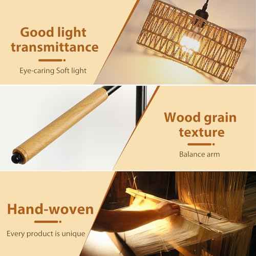 Arc Boho Floor Lamp: 68" Rattan Tall Lamps with Remote and APP Control - Standing Black Floor Lampara with Dimmable LED Bulb for Living Room, Bedroom, Office and Nursery