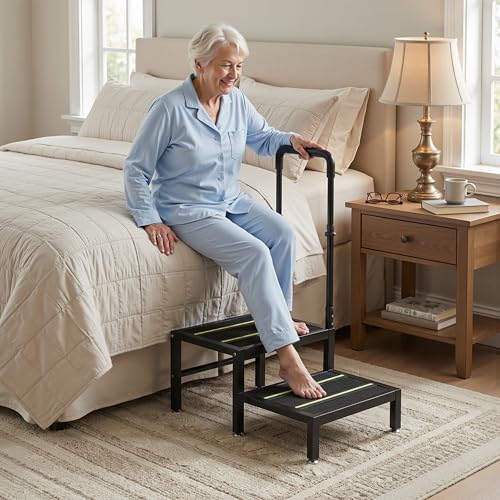 Josmimic 2 Step Stool with Handle - Heavy Duty Non-Slip Bedside Stool (Black, Adjustable Handrail)