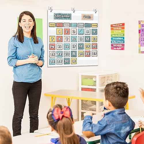 EAMAY Classroom Monthly Calendar Pocket Chart for 2.75 * 2.75 Cards,Homeschool Supplies and Classroom Must Haves! Only Chart(White)