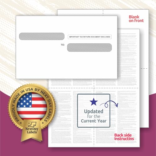 NextDayLabels - W-2 4-Up Employee Tax Forms, Instructions on Back" for 2025, for Laser/Inkjet Printer. Compatible with QuickBooks and Accounting Software (Pack of 100 Sheets & Self Seal Envelopes)