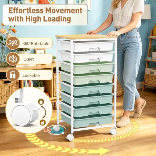 SUNALLY Green Rolling Cart with 8 Drawers, Heavy-Duty Storage Organizer