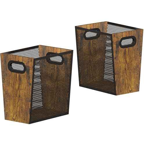 Piskyet Rustic Office Trash Can for Near Desk,7 Gallon Unique Wood Bedroom Garbage Can,Vintage Wastebasket with Handle, Decorative Trash Can for Home Office,2pack 12.2"L x 9.6"W x 14.9"H,Rustic Brown