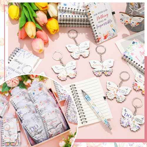 80 Pcs Christian Gifts for Women Bulk Scripture Pens Bible Verse Notebooks Religious Christian Keychains Organza Bags Religious Inspirational Gifts for Women School Office Church Supplies