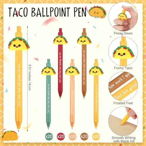 100 Set Positive Taco Gift Funny Emotional Support Taco Ballpoint Pen with Inspirational Bookmark Christmas Employee Appreciation Gift for Coworker Nurse Teacher Student Birthday Party Favor
