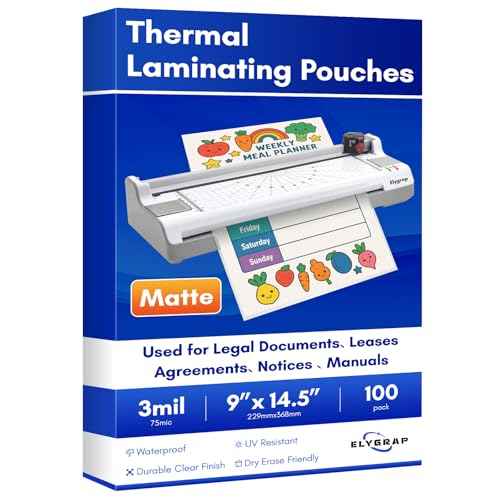 100 Pack Matte Thermal Laminating Pouches 9"x14.5" 3Mil Thick Matte Finish Laminating Sheets Fitted for Legal Size Laminating Sheets 8.5 x 14 Elygrap