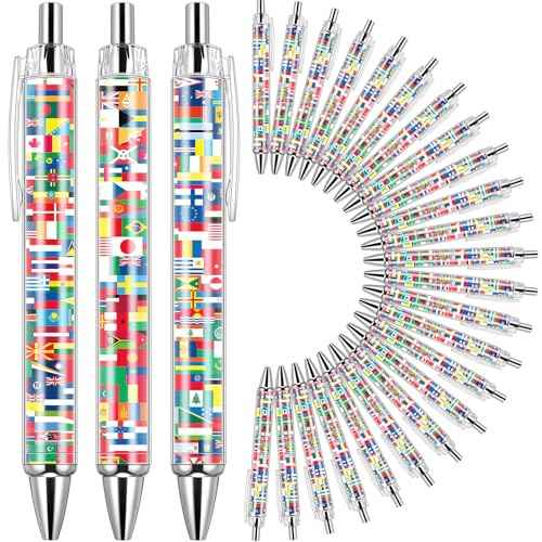 Janlaugh 100 Pcs International Flag Pens World Ballpoint Retractable Country Flags Pens Bulk Multicultural Party Favors Decoration Gift for School Sports Events Home Office Supplies