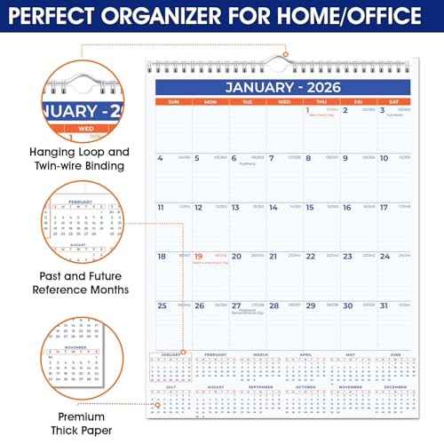 2026 Wall Calendar - January 2026 - December 2026, 12 Monthly Hanging Calendar, 2026 Planner, A4 Size 8.5" x 11", Spiral Binding, Holidays, Julian Dates, Large Blocks, Twin-Wire Binding, Hanging Hook, (1 Pack)