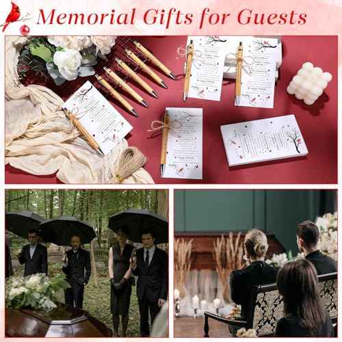 Janlaugh 150 Set Memorial Funeral Favors Include Cardinal Prayer Cards and Bamboo Ballpoint Pens Funeral Pocket Token for Guest Sympathy Remembrance Gifts for Loss of Loved One