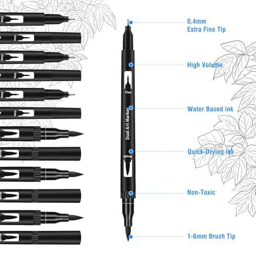 Black Drawing Pens, 12 Pack Dual Tip Brush Pens - Fine Liner & Brush Markers for Sketching, Calligraphy, Journaling - Water-Based, Quick-Drying Ink - Ideal for Artists, Adults & Kids