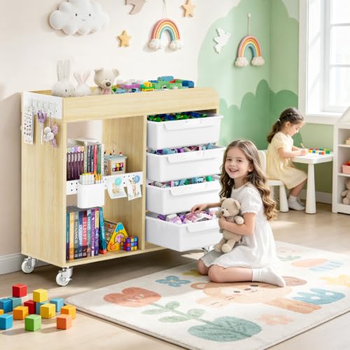 SYKIARIOL White 4-Drawer Rolling Craft Cart with Labels & Hooks