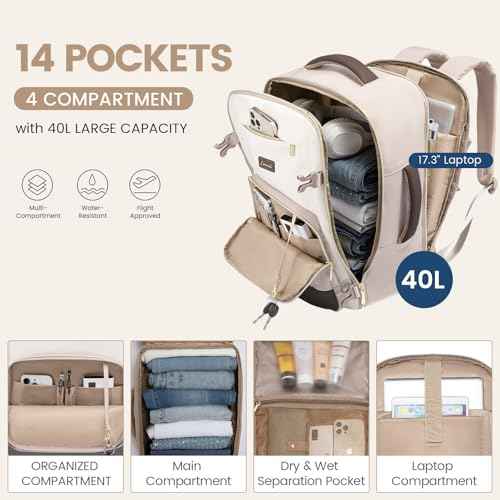 LOVEVOOK Travel Backpack for Women,40L Carry On Backpack Flight Approved,TSA Personal Item Travel Bag Fits 17.3" Laptop with 3 Packing Cubes,Large Waterproof Daypack£¬Beige and nude and coffee