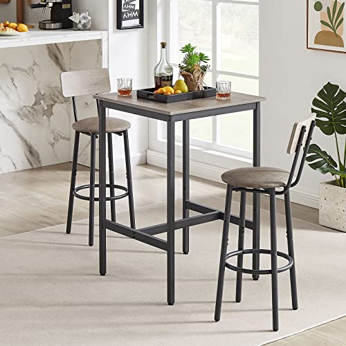 GNIXUU 3-Piece Grey Bar Table Set with Footrest, 23.62" Square Table & 12.6" Bar Stools