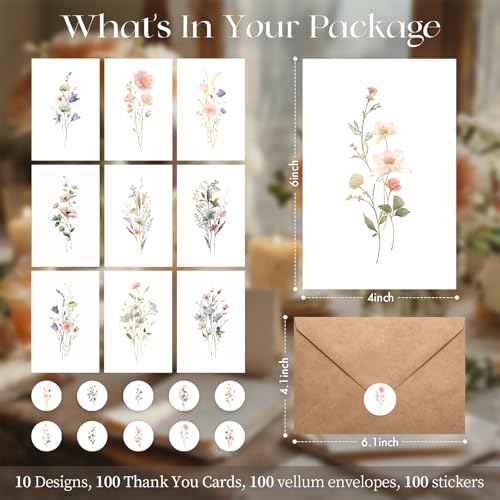100 PACK Blank Cards with Envelopes, Blank Greeting Cards 4x6, Beautiful Blank Greeting Cards, Elegant Floral Note Cards with Peel-and-Seal Envelopes, Empty Stationary Set For All Occasions