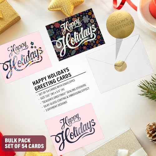 easykart labels 54 Happy Holidays Cards with Envelopes, 7.25 x 5.5 Merry Christmas New Year Wishes Cards with Seal Stickers For Friends, Family and loved Ones