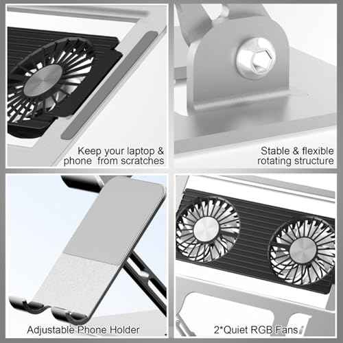 Laptop Stand with Fan, MacBook Cooling Stand with 2 Removable Silent Fans and Phone Holder,Adjustable Height and Angle,Laptop Cooling Pad for 10-18 Inch Laptop,MacBook Pro,Tablet (White)