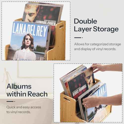 HOOBRO Vinyl Record Storage Crate, Stepped 2-Tier Record Crate, Album Storage Box, Visible Record Holder Crate with Handle, for Vinyl, Magazine, Folder, Album, Natural YL02CW01