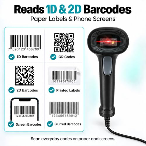 Anyeast Gray USB Barcode Scanner with Stand - 1D/2D Code Reader, Wired Inventory Scanner