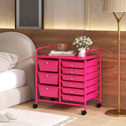 Moccha 9-Drawer Rolling Storage Cart - Hot Pink, 2 Large 3 Small Drawers, Under-Desk Mobile Organizer