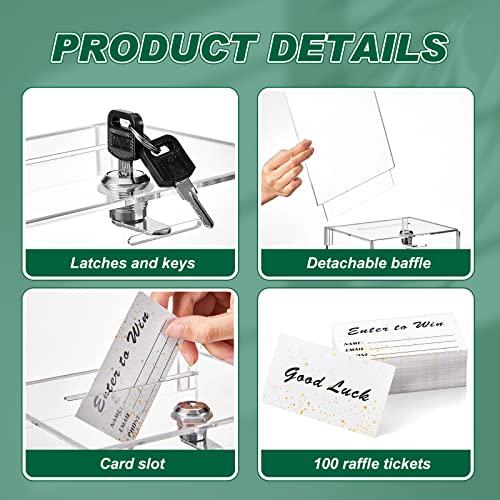 Teling Clear Acrylic Donation Box 7x5x8 Inches with Lock & Sign Plate - Tall Raffle Box with Cards