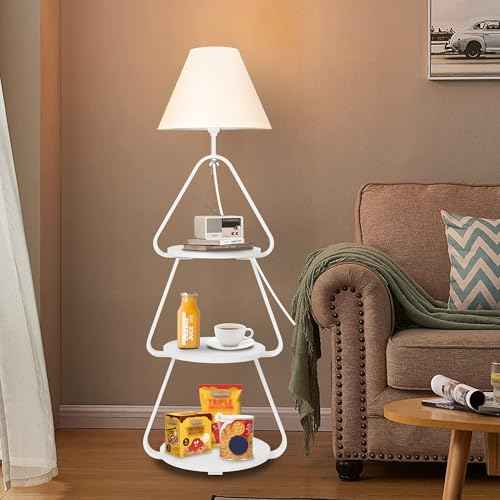 Floor Lamp with Small Round Side Table, 3-Tier Circular End Table with Storage Shelf, Round Corner Coffee Desk Nightstand for Living Room Bedroom Small Spaces, White