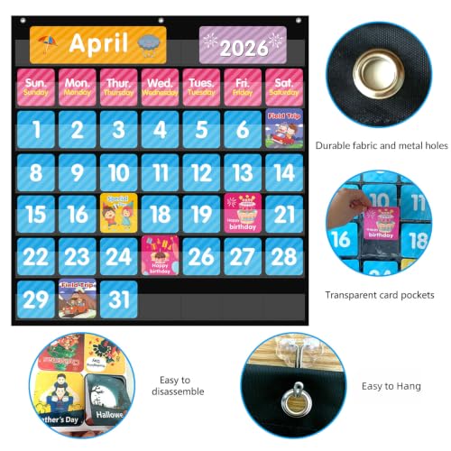 REGELETO 44 Pockets Classroom Calendar Pocket Chart with 85 Colorful Cards, 25” x 24” Black Learning Organizer for Home & School