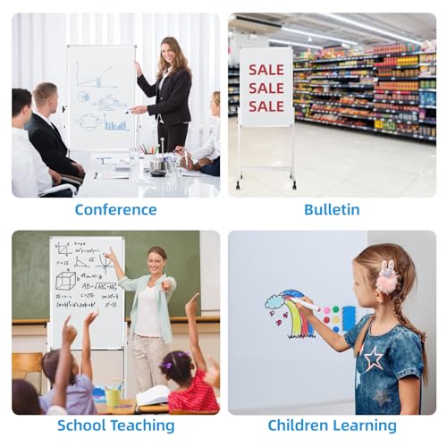 VOWNER 40x28 White Double-Sided Magnetic Rolling Whiteboard, Height Adjustable