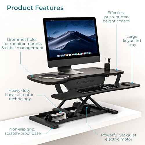 VERSADESK PowerPro¢â 36 Inch Electric Standing Desk Converter, Height Adjustable Sit to Stand Up Desk Riser, Laptop and Dual Monitor Desktop Workstation with Wide Keyboard Tray and USB Port, Black
