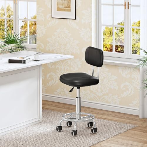 Hoobro height-adjustable rolling stool with backrest, 360° swivel drafting chair for office, salon, bar, PU leather