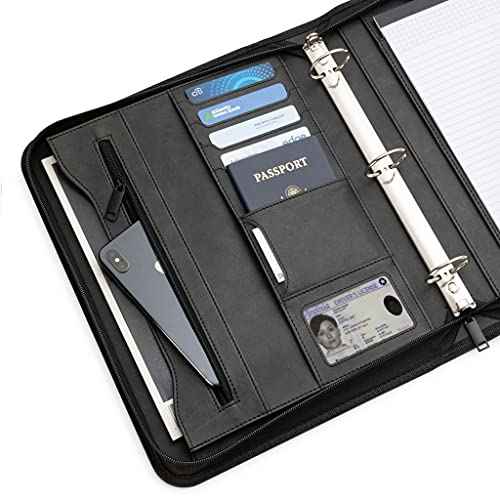 Forevermore Portfolios Portfolio Organizer - 3 Ring Binder with Notepad - 1.5 Inch Rings - Zippered Storage Pockets for Papers, Travel Documents, Presentation Folder, Cards, Passport, Tickets - Black