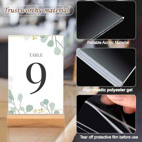 Vinsot 16 Pack 4 x 6 Inch Clear Acrylic Sign with Wood Base T Shape Sign Holder Vertical Blank Stands Desktop Display Plastic Menu Frame Double Sided Flyer Stand for Wedding Restaurant Party Decor