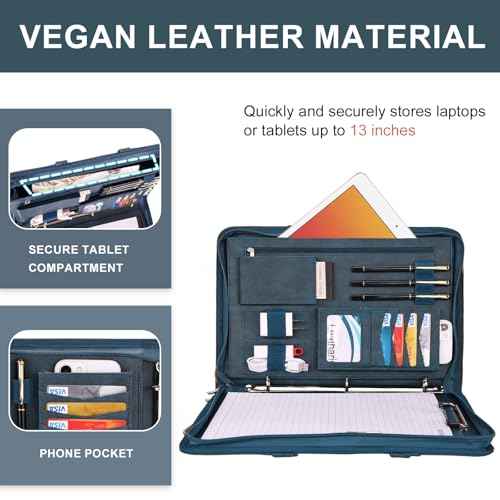 Leathario Portfolio Binder, Includes 5 Folder Index Dividers, 13 Inch Tablets Organizer with Handle, Vegan Leather A4 Padfolio, Multi-Pocket Notepad Business Planner Professional Document