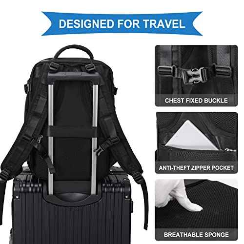 coowoz Large Travel Backpack For Women Men,Carry On Backpack Flight Approved,Hiking Backpack Waterproof Outdoor Sports Rucksack Casual Daypack Fit 15.6 Inch Laptop Shoes Compartment (Black)